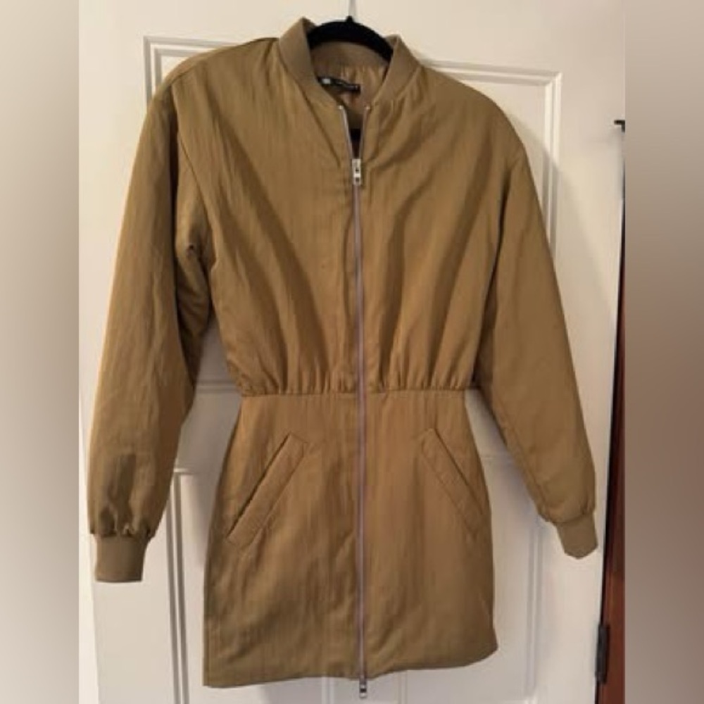 Zara women’s cinched waist lined jacket coat tan‎ camel long double zipper xs